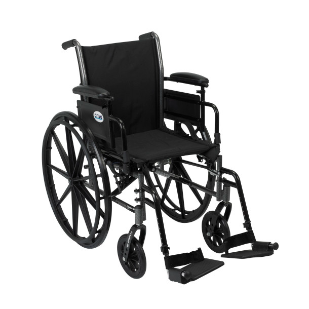 Black manual wheelchair with foldable footrests and large rear wheels.