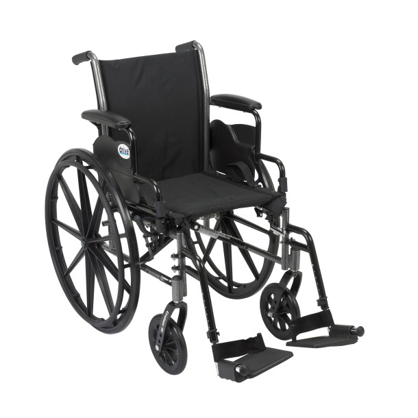A black manual wheelchair with large rear wheels and smaller front wheels.