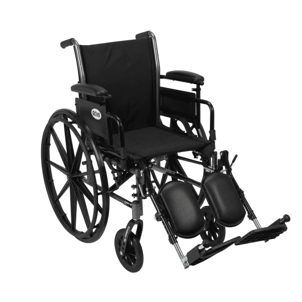 Black manual wheelchair with large rear wheels and footrests.