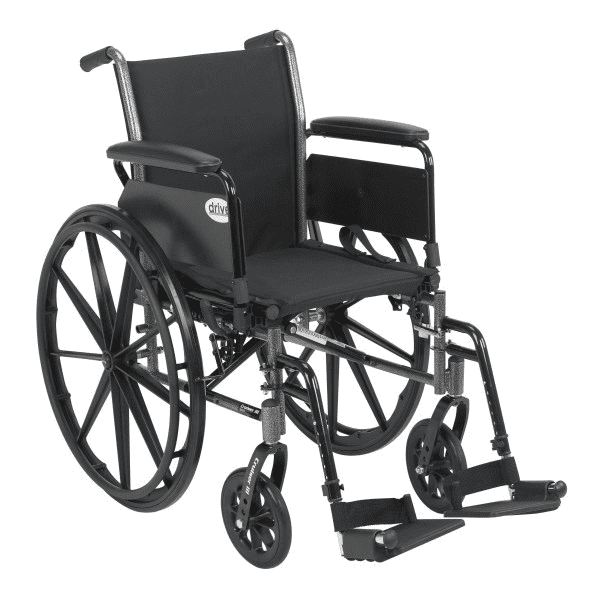 A black manual wheelchair with footrests and large rear wheels.