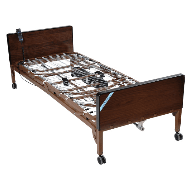 A hospital bed frame without mattress, featuring wheels and adjustable sections.