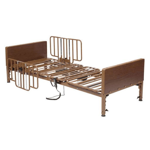 Adjustable hospital bed with side rails and a motorized mechanism.