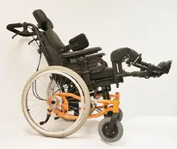 Modern wheelchair with adjustable backrest and footrests.