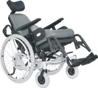 Modern electric wheelchair with adjustable seating and footrests.