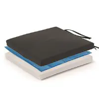 Three stacked cushions in black, blue, and white colors.