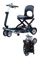 Compact foldable electric scooter with seat and handlebar.