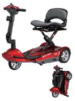 Compact red mobility scooter with foldable design and black seat.