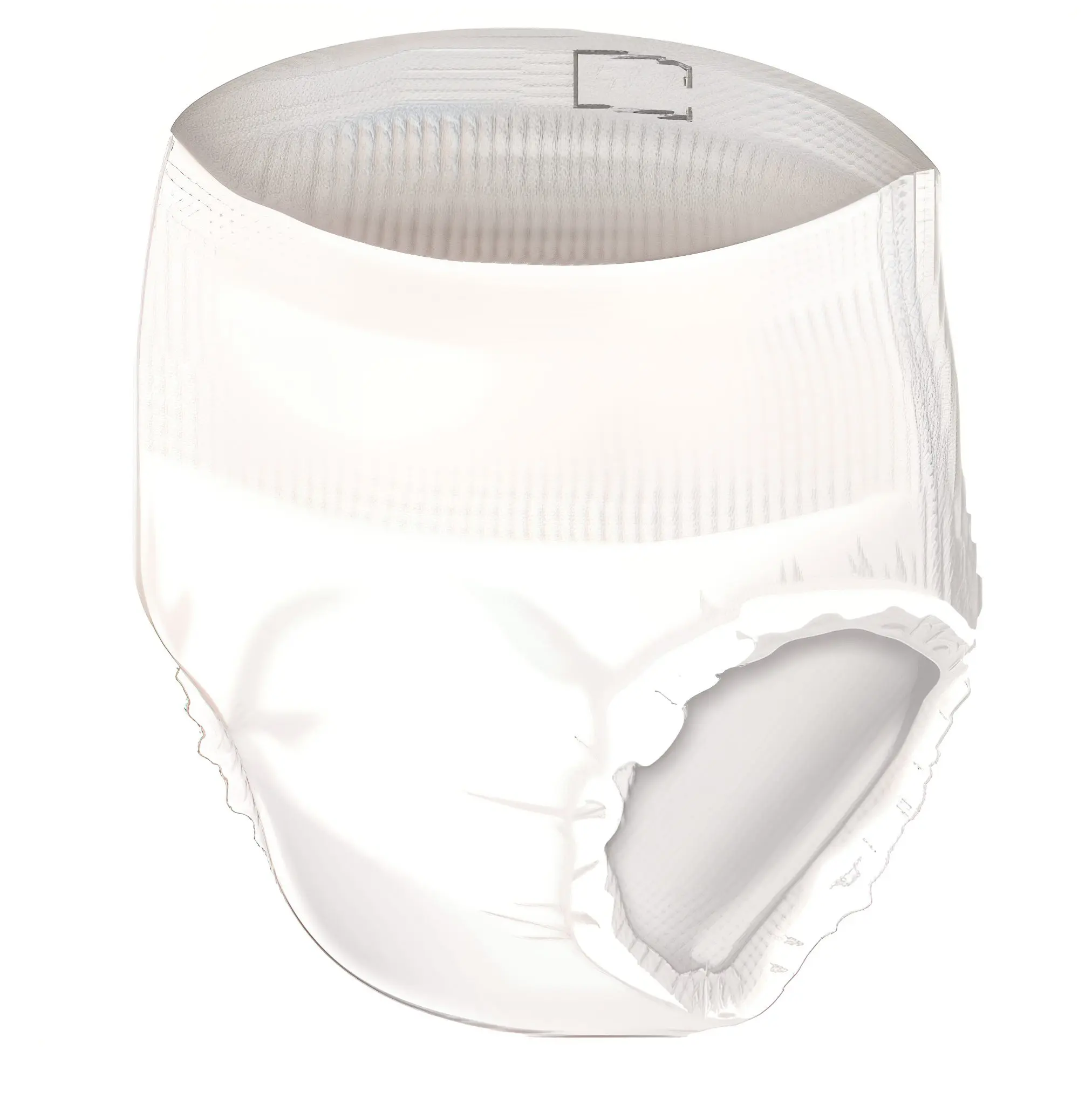 A white disposable adult diaper with elastic leg cuffs.