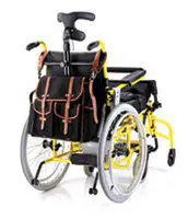 A modern wheelchair with yellow accents and a side bag attached.