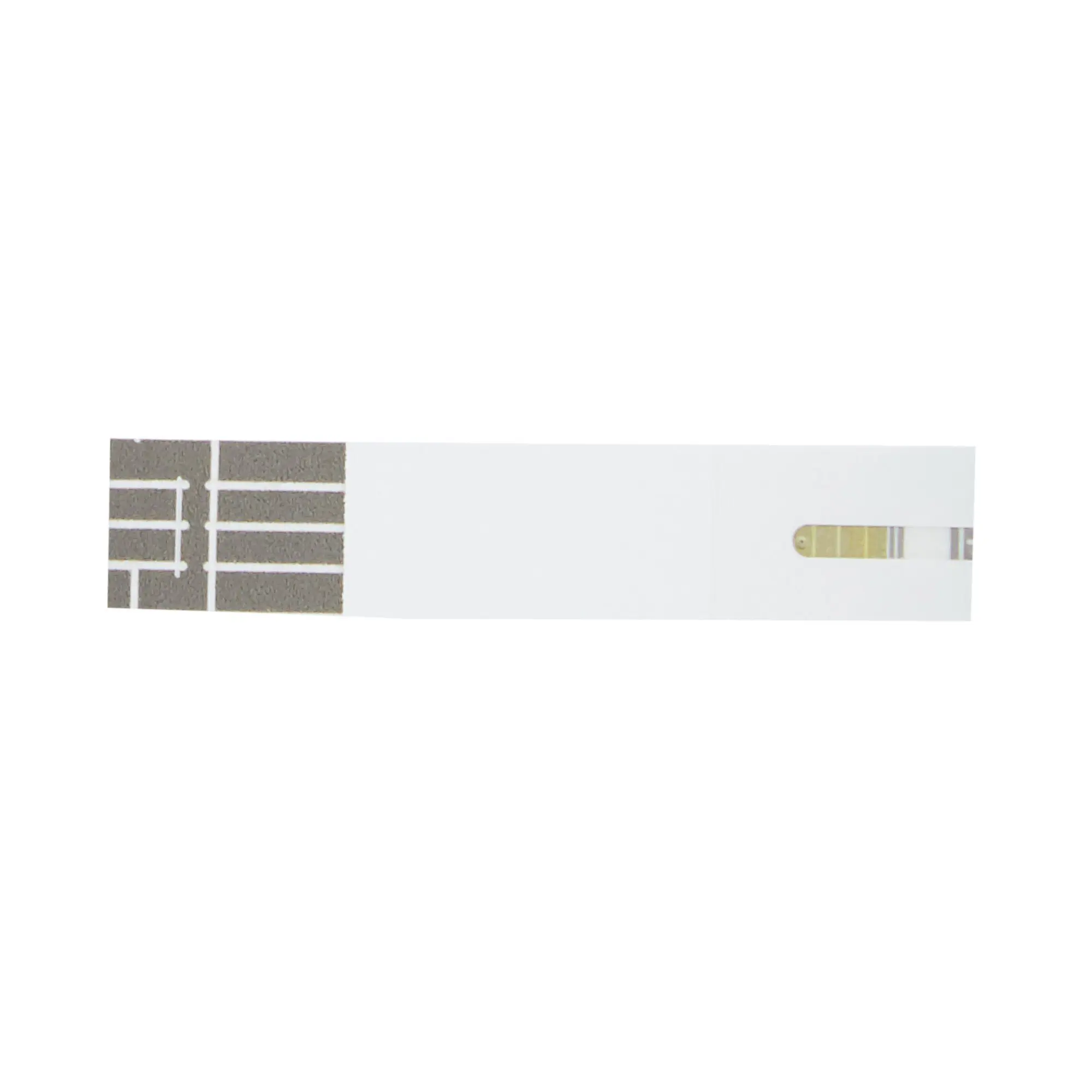 White test strip with four square pads and a rectangular colored result area.