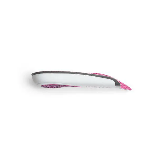 A sleek white and pink ergonomic computer mouse.