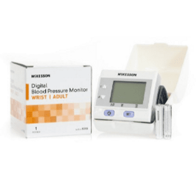 Digital wrist blood pressure monitor with cuff and batteries.