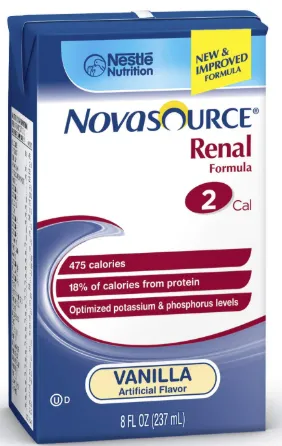 Novasource Renal Formula nutrition label highlighting key ingredients and nutrients.