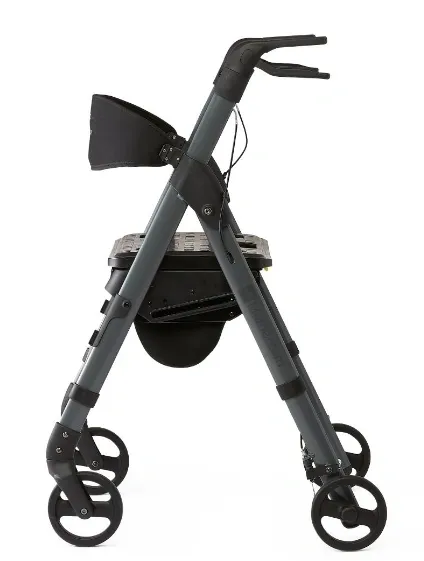 Close-up of a gray baby stroller's frame and wheels.