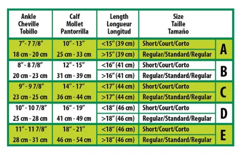 Size chart for calf and length measurements with corresponding size labels.
