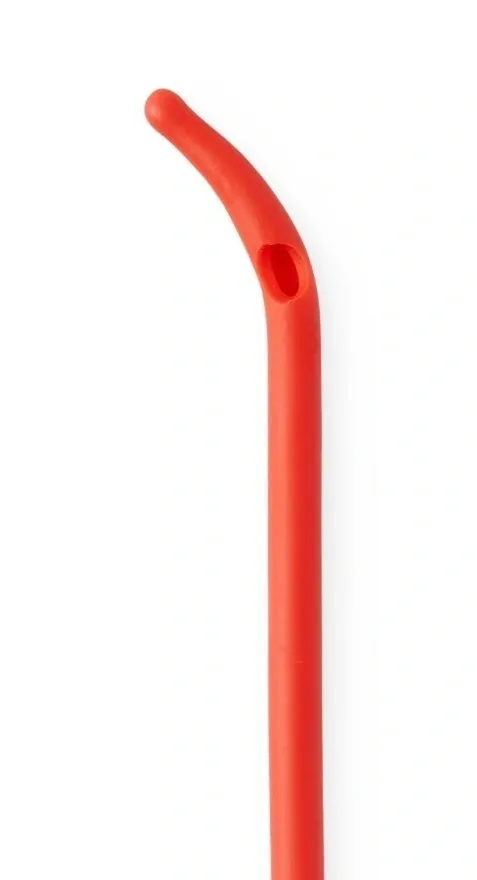 Close-up of a red drinking straw with a bend.