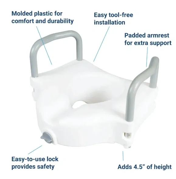 White shower chair with padded armrests and easy-lock paddles for support and safety.