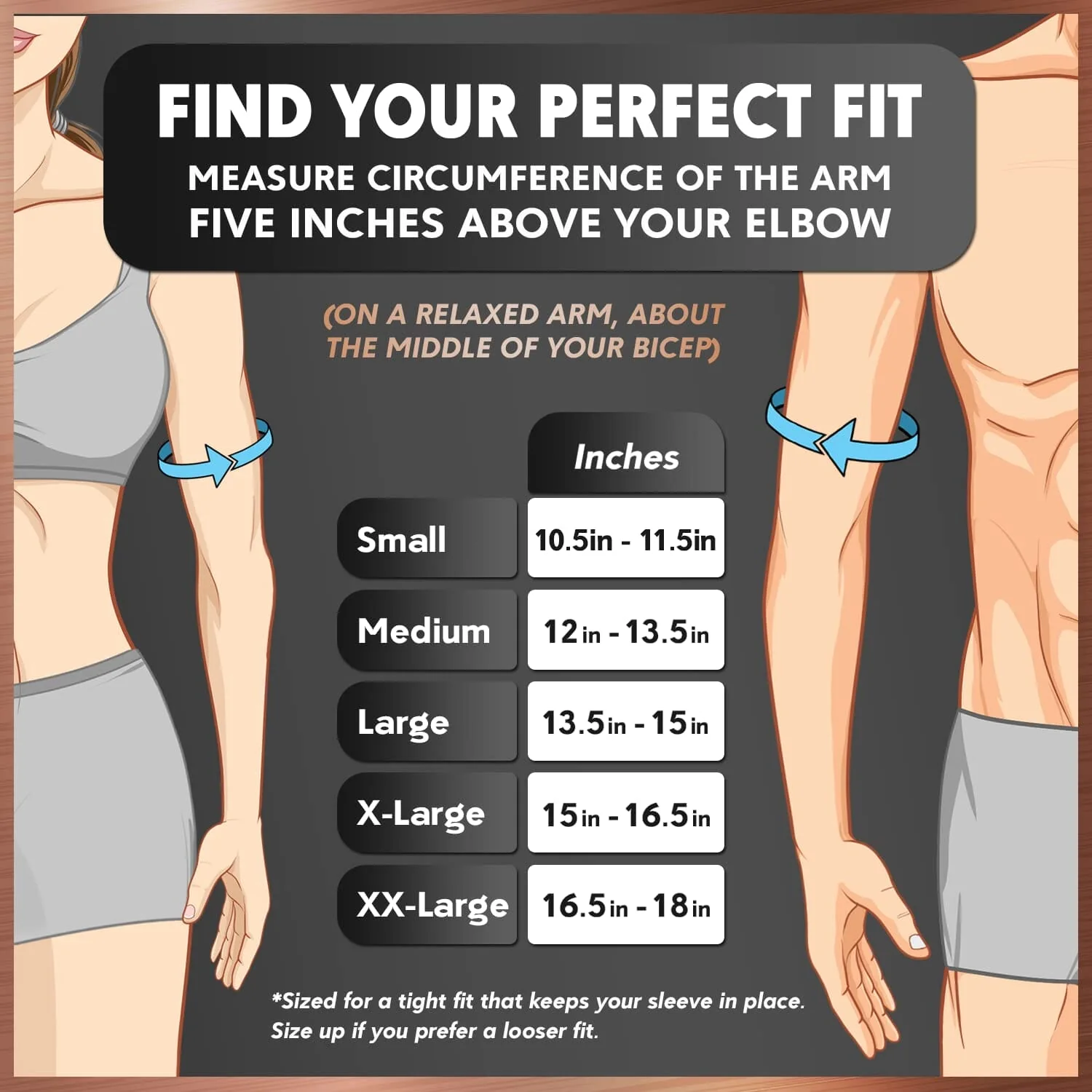 A sizing guide for measuring the circumference of the arm to find the perfect fit.