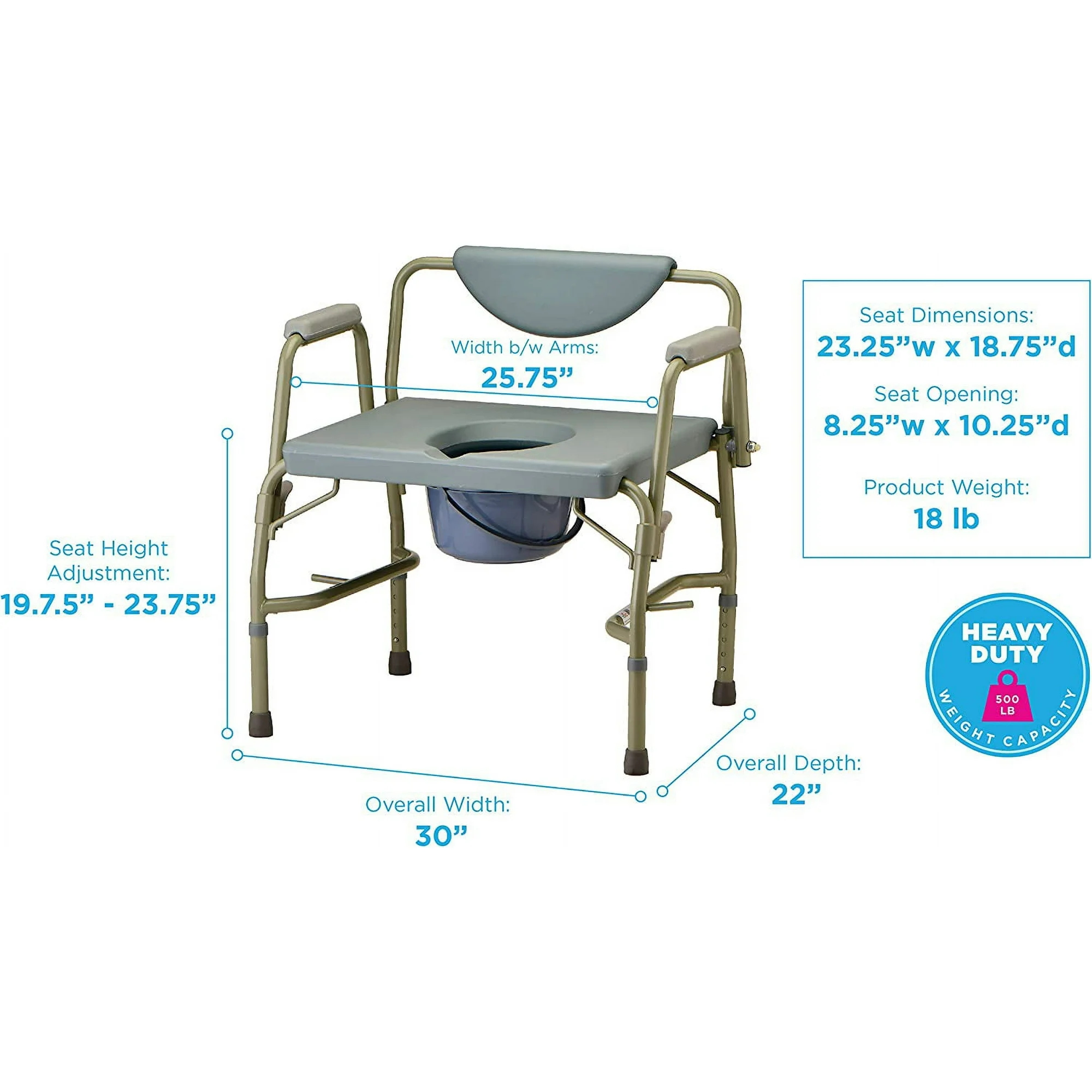 Adjustable commode chair with detailed dimensions for user comfort and support.