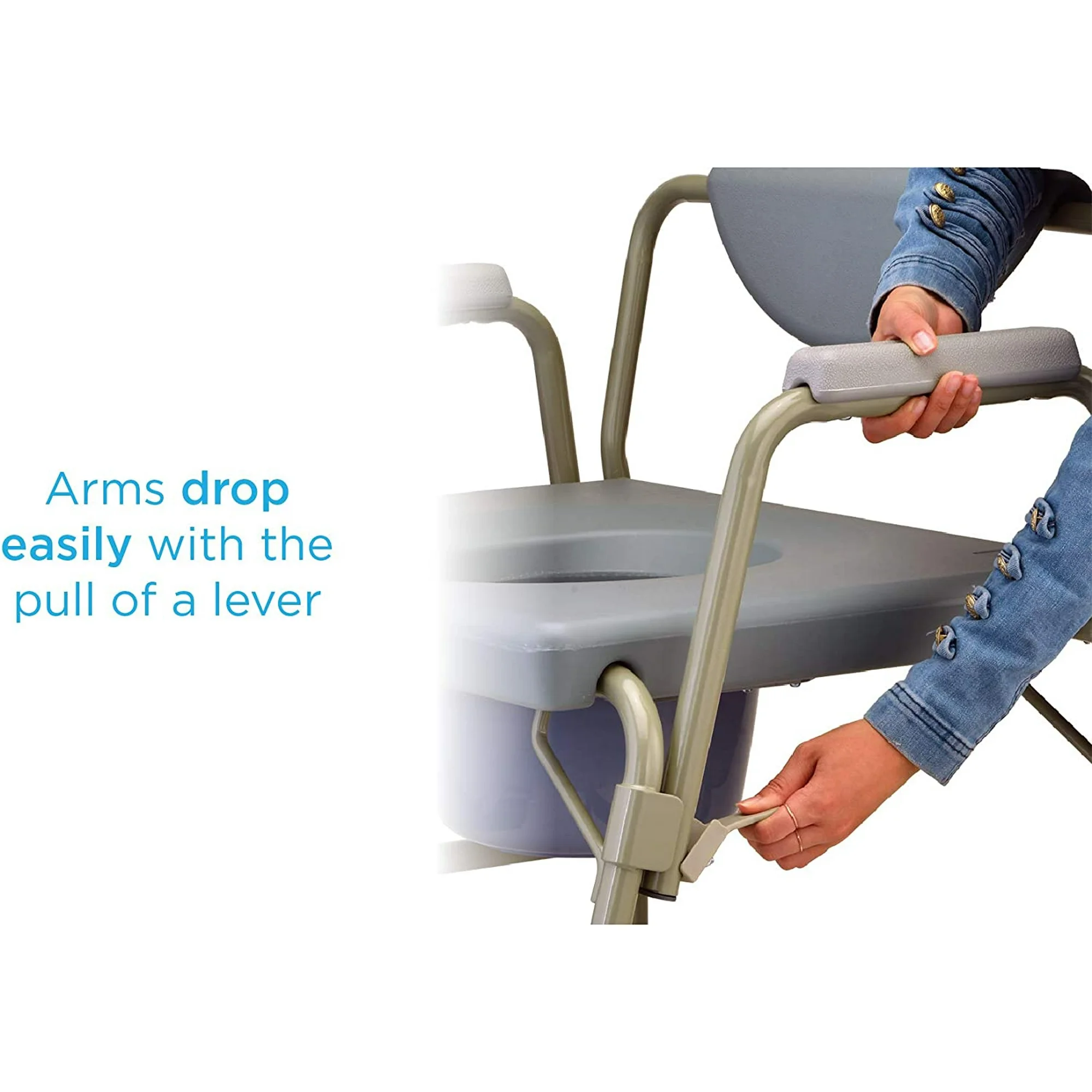 Person using a lever to easily drop armrests on a walker.