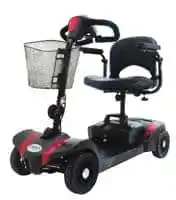 Compact mobility scooter with a basket and comfortable seat.