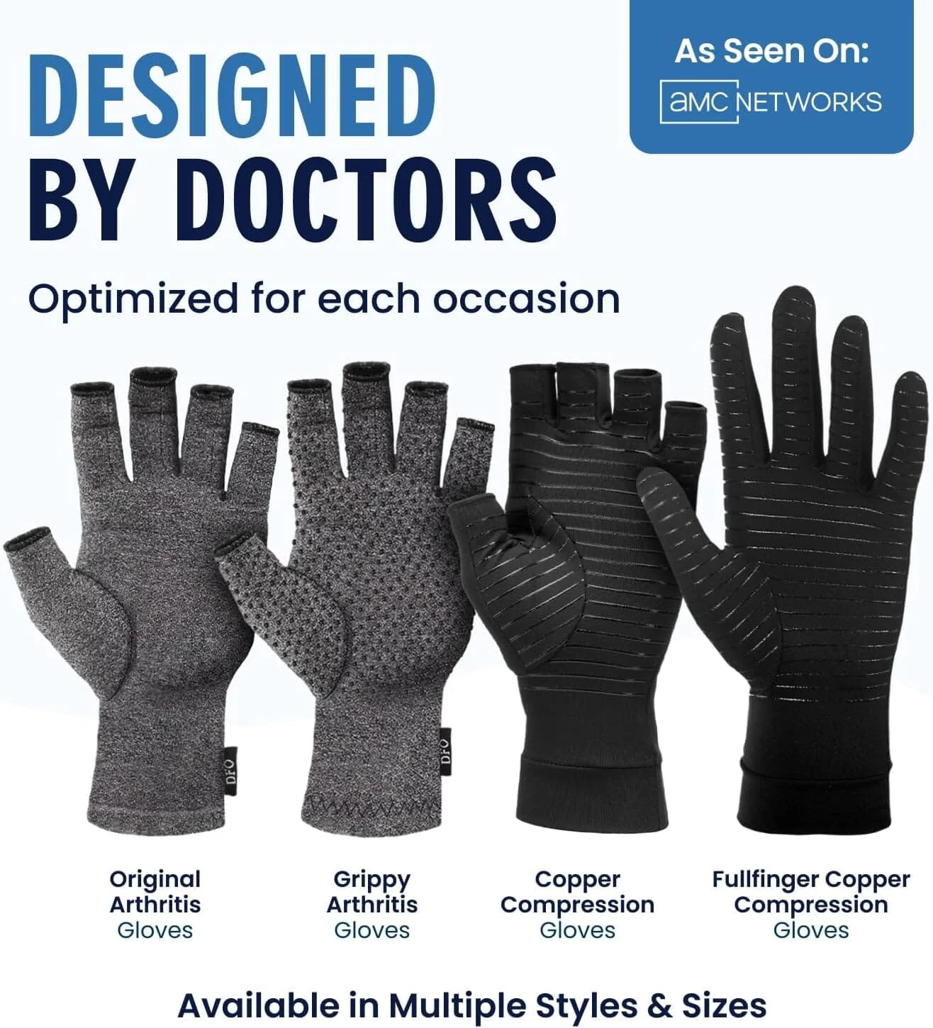 Set of three fingerless gloves designed by doctors for various occasions.