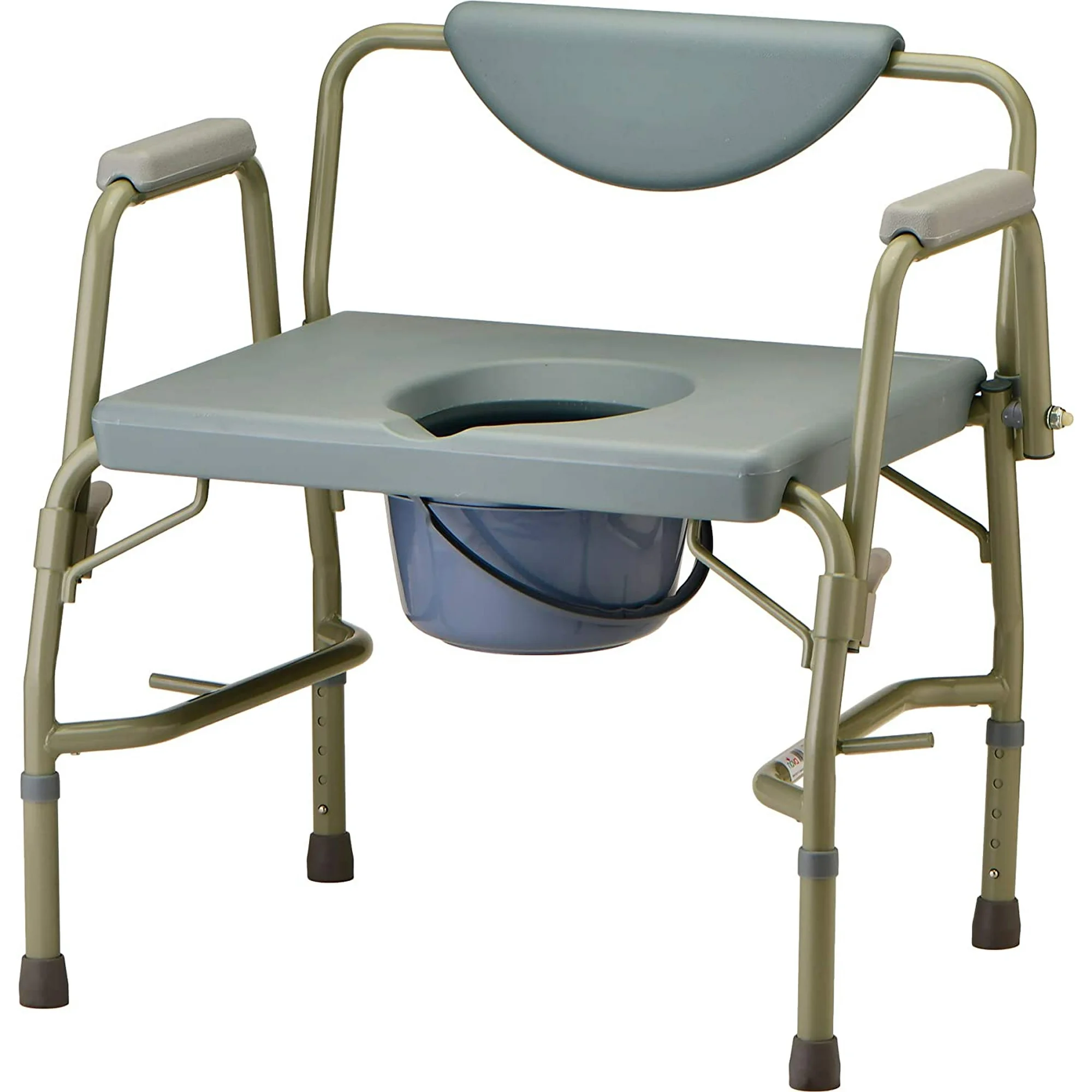 A gray commode chair with armrests and a backrest.