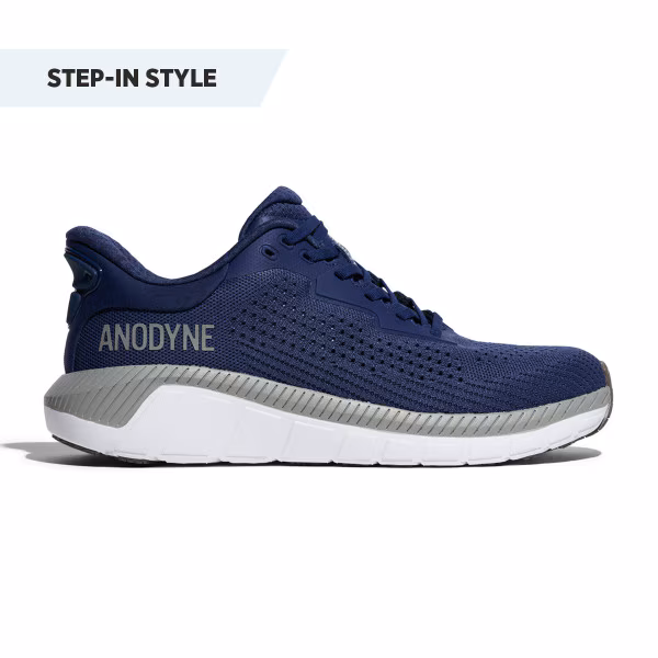 Navy blue athletic sneaker with white sole and 'ANYONE' branding.