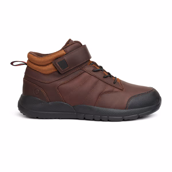 Brown leather casual shoe with black sole and orange collar.