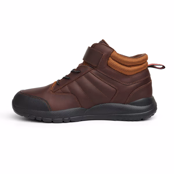 Brown leather hiking shoe with black sole and padded ankle.