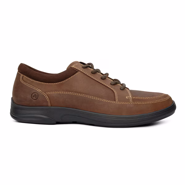 Brown casual lace-up shoe with black sole.
