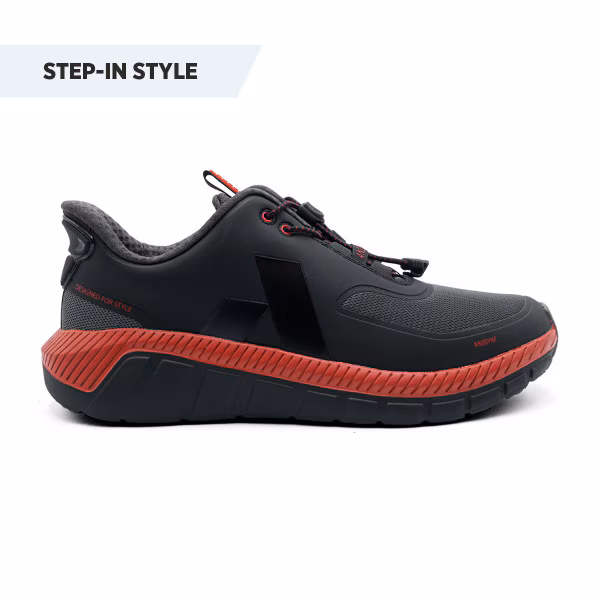 Black and red athletic sneaker with a modern design.