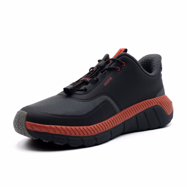 Black and red athletic sneaker with textured sole.