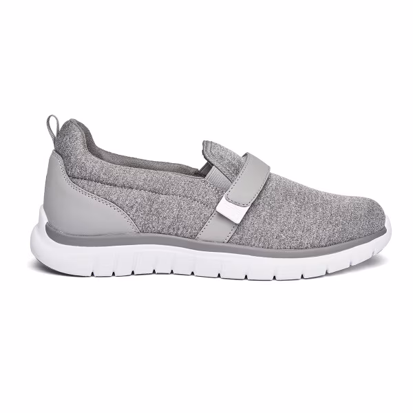 Gray slip-on athletic shoe with white sole and Velcro strap.