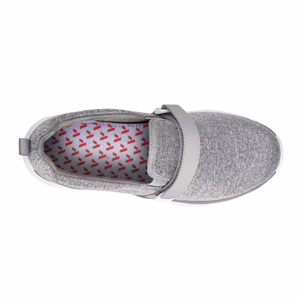 Top view of a gray slip-on shoe with patterned inner lining.