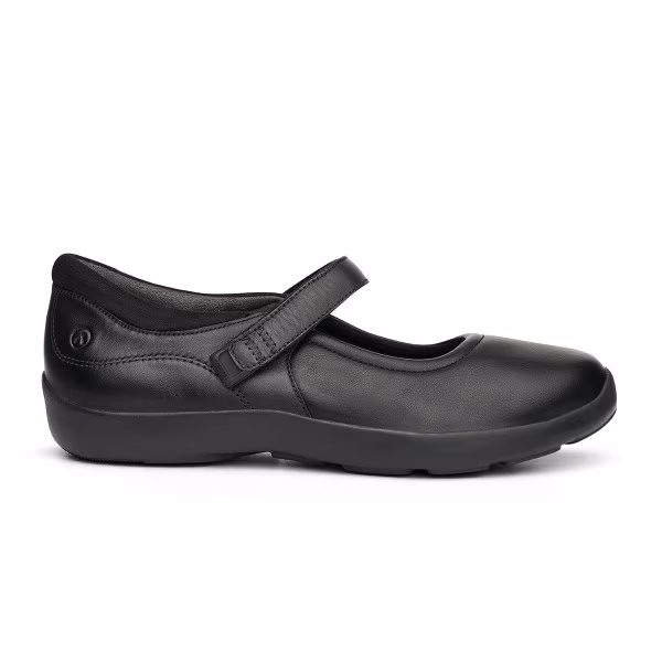 Black Mary Jane style shoe with a strap and flat sole.