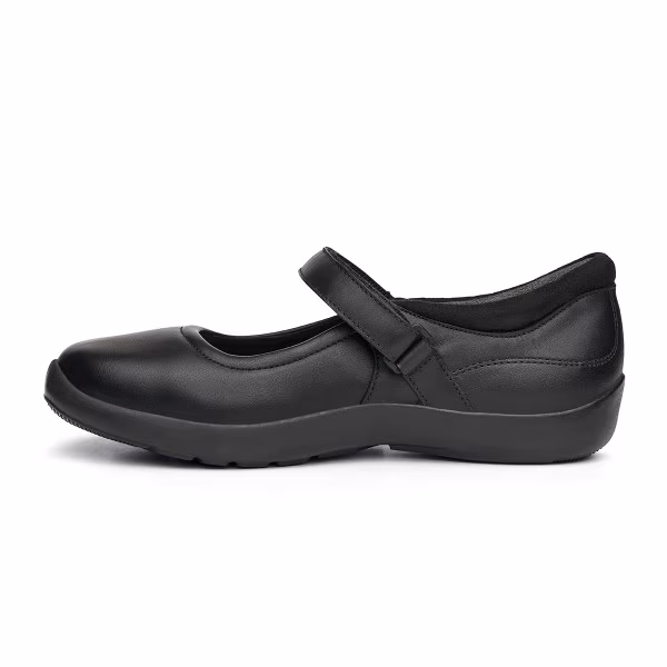 Black Mary Jane shoe with a strap and low heel.