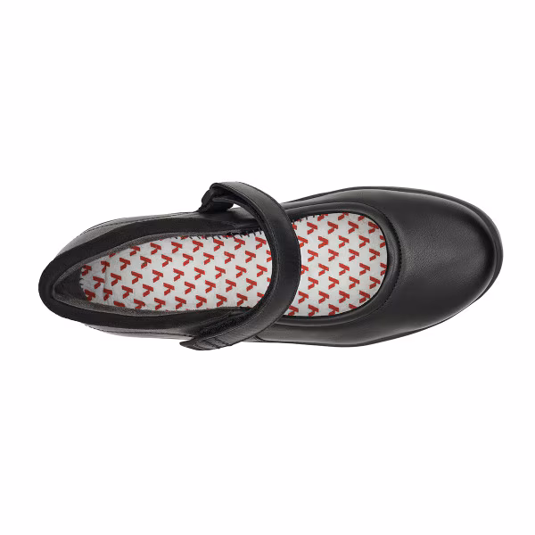 Black Mary Jane shoe with patterned insole.