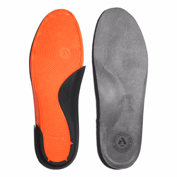 Pair of gray and orange shoe insoles with arch support.