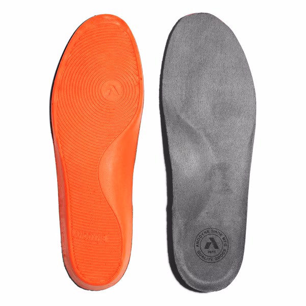 Two shoe insoles, one orange and one gray, displayed side by side.
