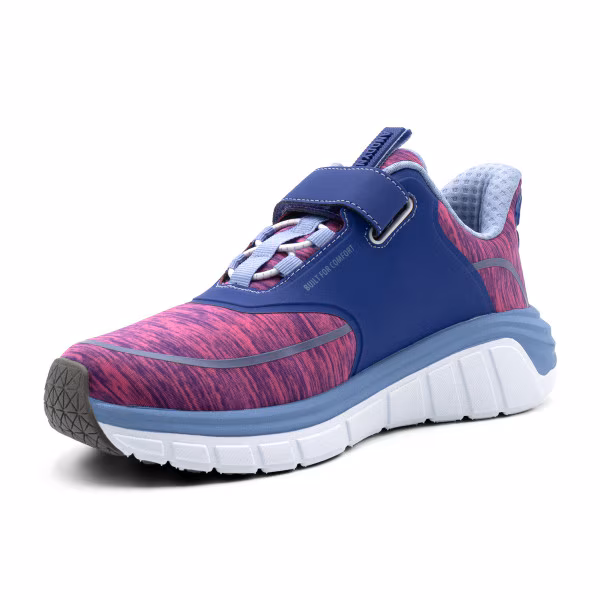 Purple and blue athletic shoe with white sole.