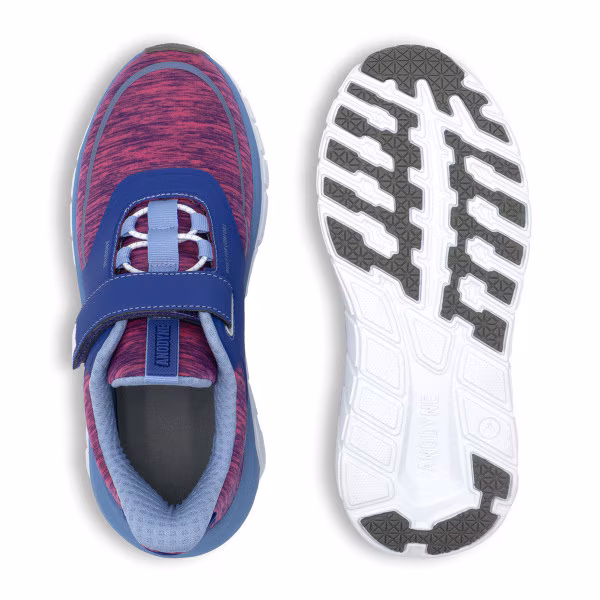Top and sole view of a purple and blue sneaker with velcro straps.