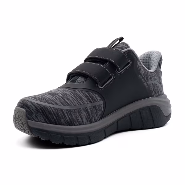 Black and gray athletic shoe with velcro straps.