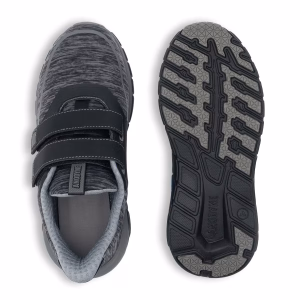 Pair of black and gray children's sneakers with velcro straps.