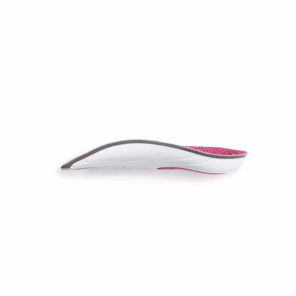 A sleek, white and pink ergonomic computer mouse.