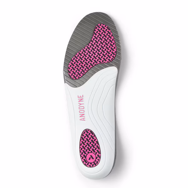 White shoe insole with pink gel pads for comfort and support.