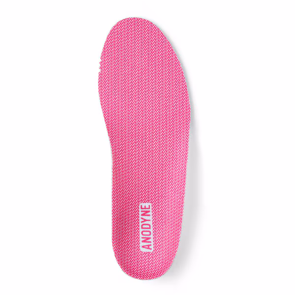 Bright pink shoe insole with a textured surface and logo.