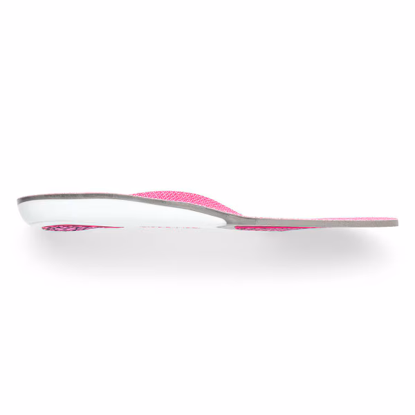 Side view of a sleek, pink and white orthotic insole.