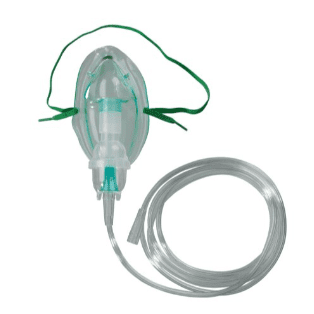 A green oxygen mask with attached tubing for respiratory support.