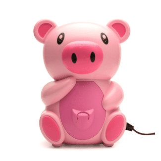 A cute pink piggy bank with big eyes and a curly tail.